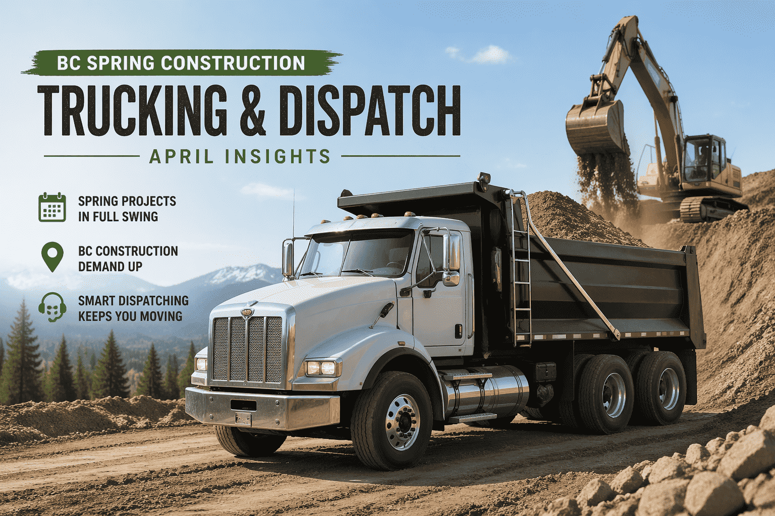 BC dump trucks at a spring construction site during April startup season surge