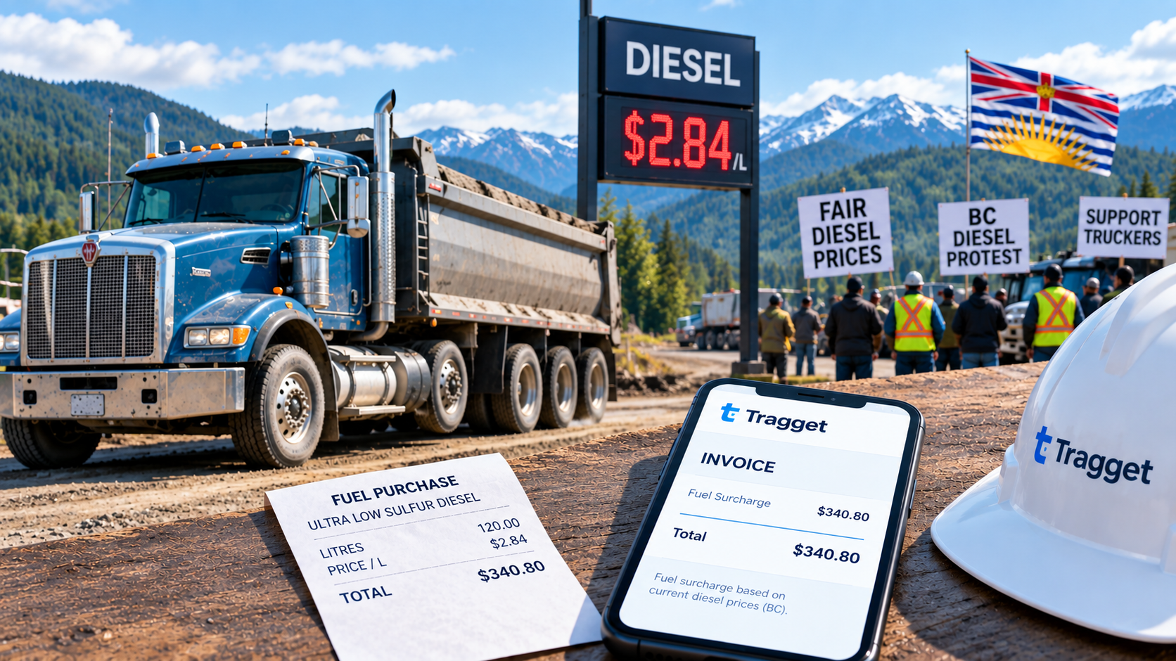 Dump truck parked beside a roadside diesel price sign in BC, with protesters holding Fair Diesel Prices and BC Diesel Protest signs, a fuel purchase receipt, and a phone showing the Tragget app with a fuel surcharge invoice line