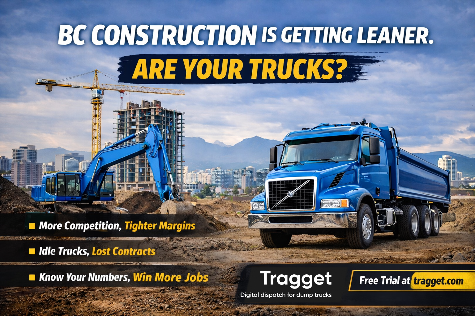 BC construction excavation site with dump trucks operating in a leaner market
